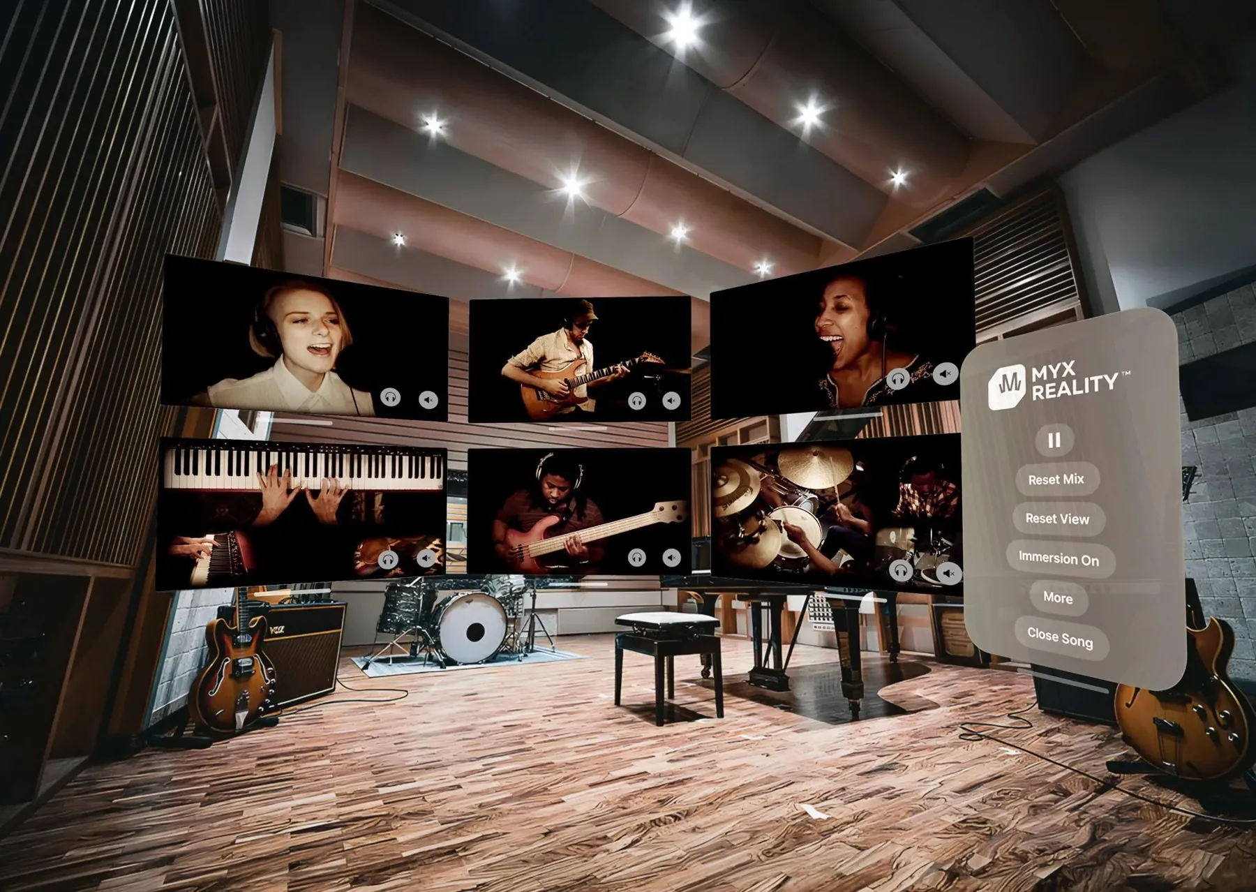 A Myxstem session in a recording studio, the band's separate camera feeds arranged around the room