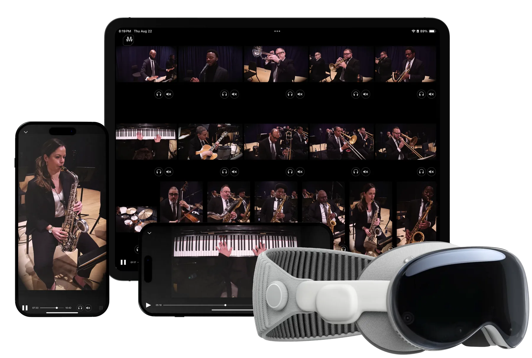 Myxstem on iPhone, iPad and Apple Vision Pro, showing a multi-camera Jazz at Lincoln Center performance